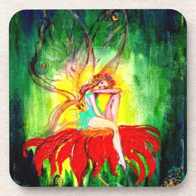 FAIRY DREAMING ON THE RED FLOWER  green yellow Drink Coaster (Front)