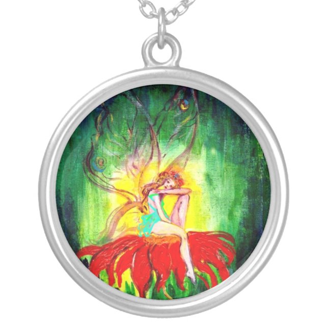 FAIRY DREAMING ON THE RED FLOWER green yellow Silver Plated Necklace (Front)