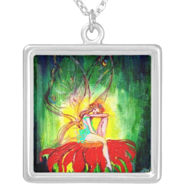 FAIRY DREAMING ON THE RED FLOWER green yellow Silver Plated Necklace (Front)