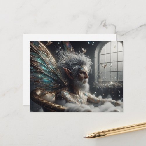 Fairy elder man Grey Hair in the Bubblebath Gold Postcard