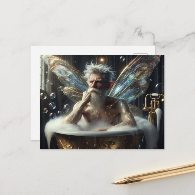 Fairy elder man Grey Hair in the Bubblebath Postcard (Front/Back In Situ)
