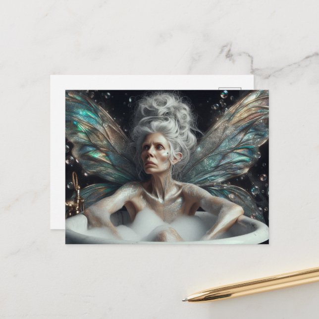 Fairy elder Woman Grey Hair in the Bubblebath  Postcard (Front/Back In Situ)