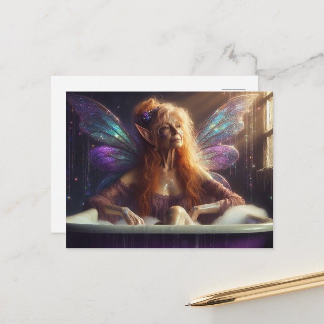 Fairy Elder Woman in the Bubblebath Postcard (Front/Back In Situ)