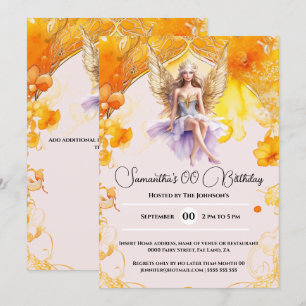 Fairy elegant girls orange birthday party invitation