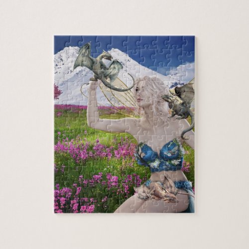 Fairy Elf and Baby Dragons Cute Landscape Jigsaw Puzzle