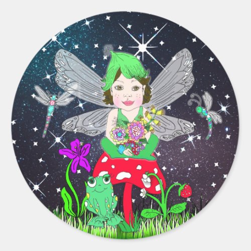 Fairy Elf Girl Sitting on Magical Mushroom Classic Round Sticker