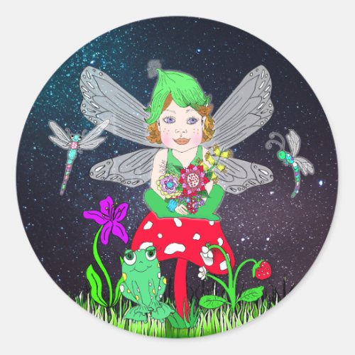 Fairy Elf Girl Sitting on Magical Mushroom Classic Round Sticker