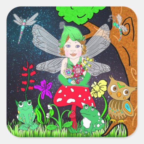 Fairy Elf Girl Sitting on Magical Mushroom Square Sticker