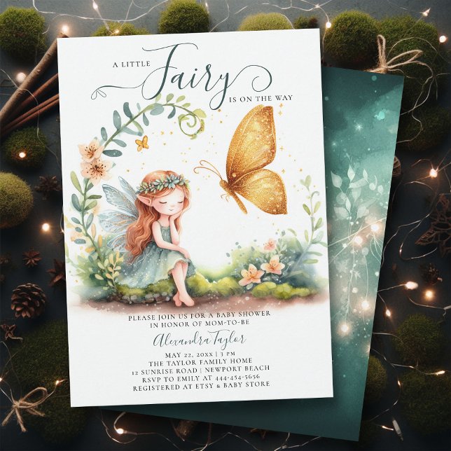 Fairy Enchanted Emerald Gold Cute Baby Girl Shower Invitation (a little fairy girl baby shower invitation enchanted forest garden magical butterfly emerald gold)