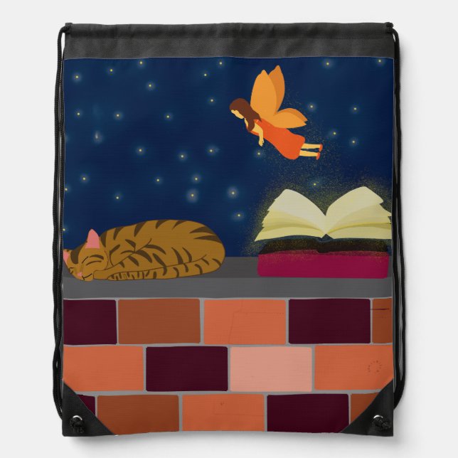 Fairy Fantasy Drawstring Bag - Bookish Cat Lover (Front)