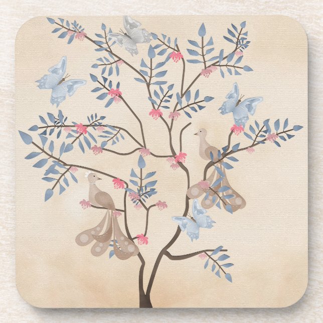Fairy fantasy tree birds flowers beige grunge retr beverage coaster (Front)