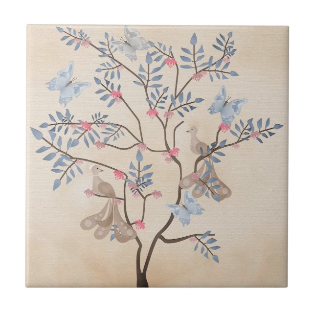 Fairy fantasy tree birds flowers beige grunge retr ceramic tile (Front)