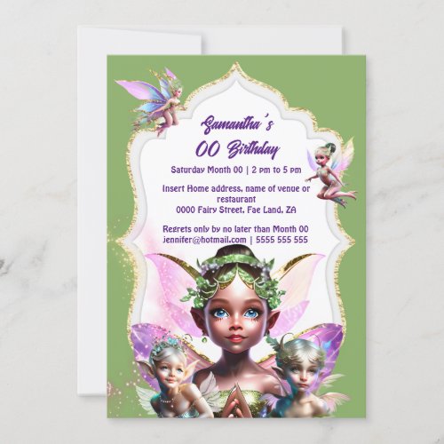 Fairy fantasy whimsical pixie princess green girly invitation