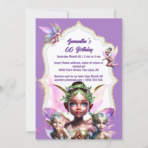 Fairy fantasy whimsical pixie princess purple girl invitation