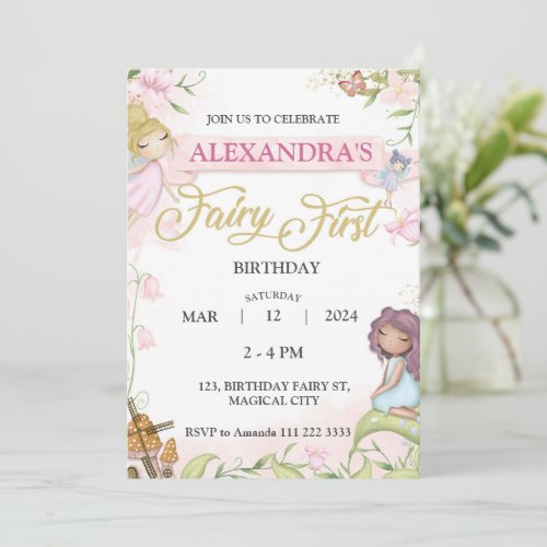 Fairy First 1st Birthday Girl Forest Mushroom Invitation