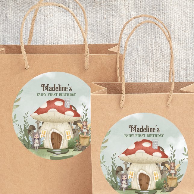 Fairy First 1st Birthday Mushroom Forest Animals Classic Round Sticker (Fairy First Stickers)