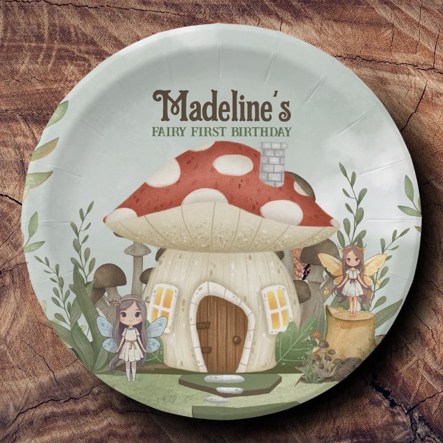 Fairy First 1st Birthday Mushroom Woodland Animals Paper Plates (Personalized Paper Plates)