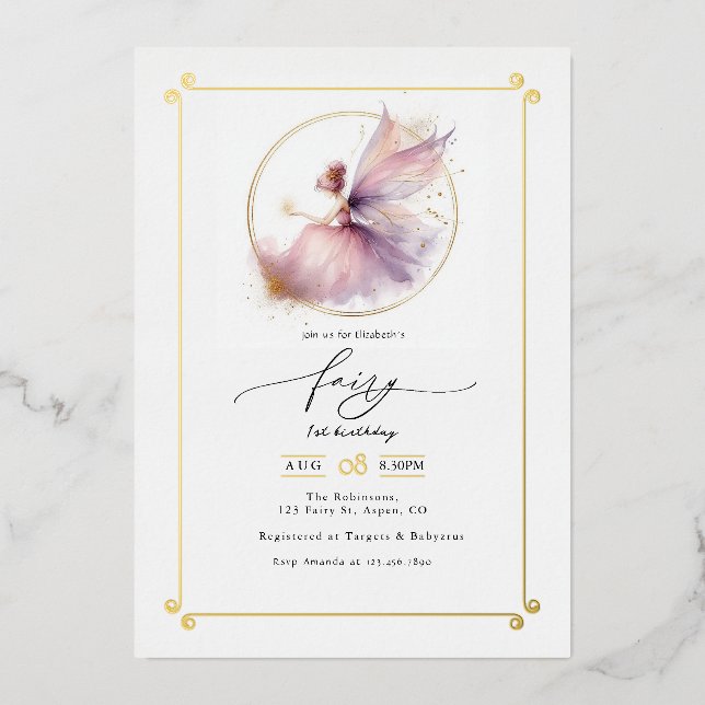 Fairy First 1st Birthday Party Foil Invitation (Front)