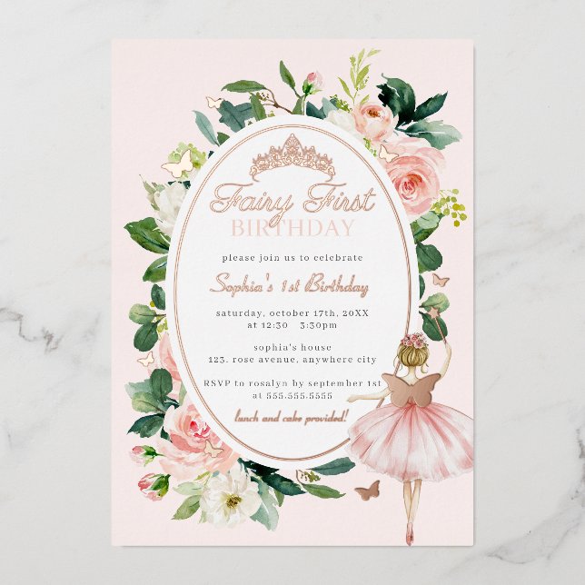 Fairy First 1st Birthday Rose Gold  Foil Invitation (Front)