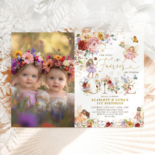 Fairy First 1st Birthday Twin Girls Floral Garden Invitation