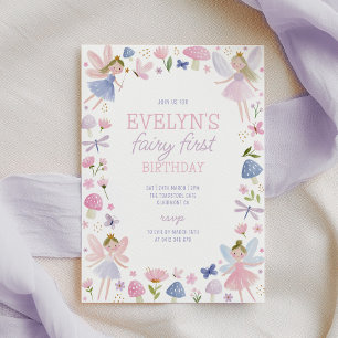 Fairy First Birthday 1st Purple Girls Invitation