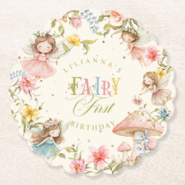 Fairy First Birthday Colorful Bright Wildflower Paper Coaster