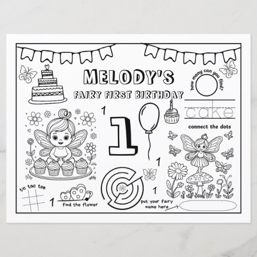 Fairy First Birthday Coloring Page Paper Sheet (Front)