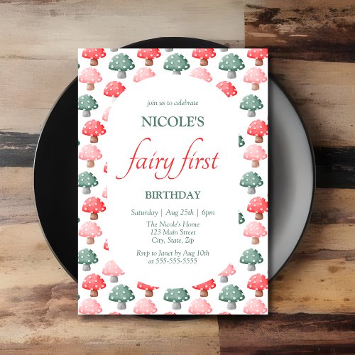 Fairy First Birthday Cute Colorful Mushroom Invitation