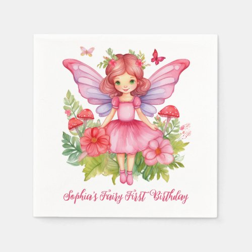 Fairy First Birthday Cute Girl Pink Watercolor Napkins