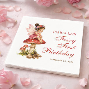 Fairy First Birthday Cute Girl Red Script Mushroom Napkins