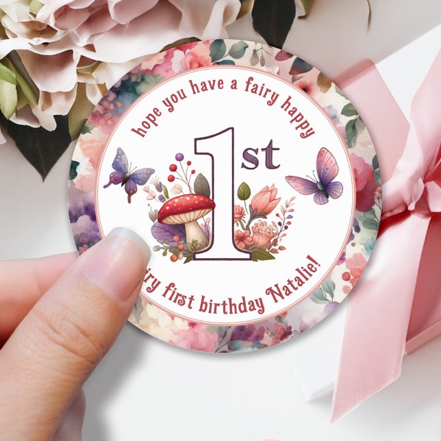 Fairy First Birthday Enchanted Butterfly Garden Classic Round Sticker (Fairycore Fairy First Birthday Stickers with Mushroom and Butterflies.)