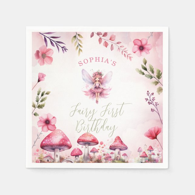 Fairy First Birthday Enchanted Forest Mushroom Napkins (Front)