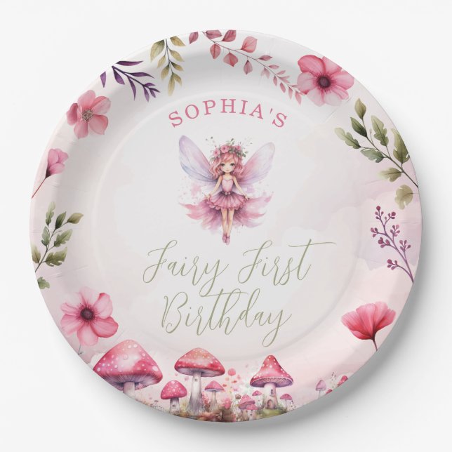 Fairy First Birthday Enchanted Forest Mushroom Paper Plates (Front)