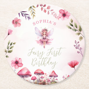 Fairy First Birthday Enchanted Forest Mushroom Round Paper Coaster