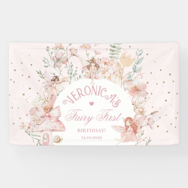 Fairy First Birthday Enchanted garden Whimsical Banner (Horizontal)