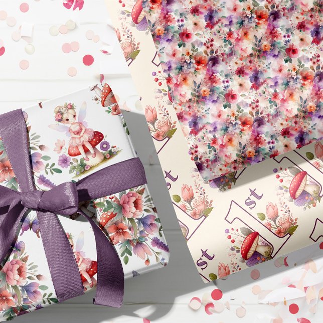 Fairy First Birthday Enchanted Watercolor Garden Wrapping Paper Sheets (Fairy First Birthday Watercolor Floral, Mushrooms, and Fairy Gift Wrapping Paper Sheets)