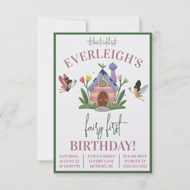 Fairy First Birthday, Fairy Garden Themed Birthday Invitation (Front)