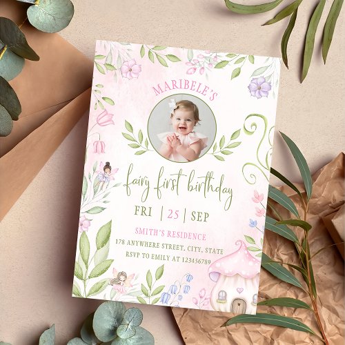 Fairy First Birthday Forest Mushroom Photo Invitation