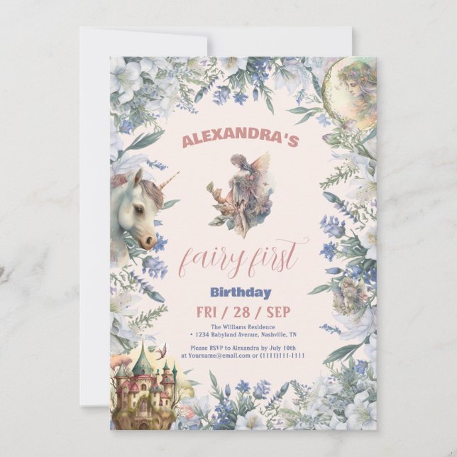 Fairy First Birthday Forest Watercolor Invitation (Front)