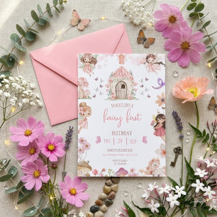 Fairy First Birthday Forest Watercolor Mushroom Invitation