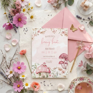 Fairy First Birthday Forest Watercolor Mushroom Invitation