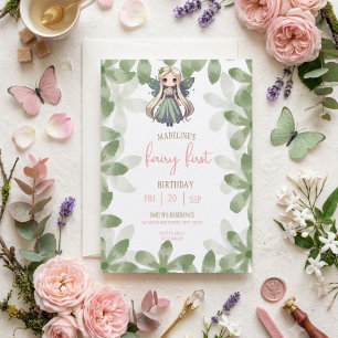 Fairy First Birthday Forest Watercolor Mushroom Invitation