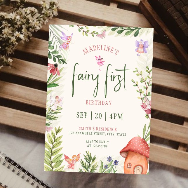 Fairy First Birthday Forest Watercolor Mushroom  Invitation (Fairy First Birthday Invitation
)