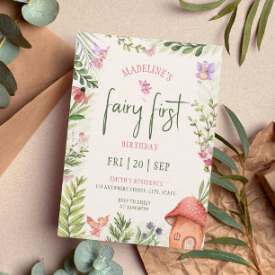 Fairy First Birthday Forest Watercolor Mushroom  Invitation