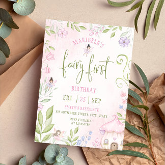 Fairy First Birthday Forest Watercolor Mushroom Invitation