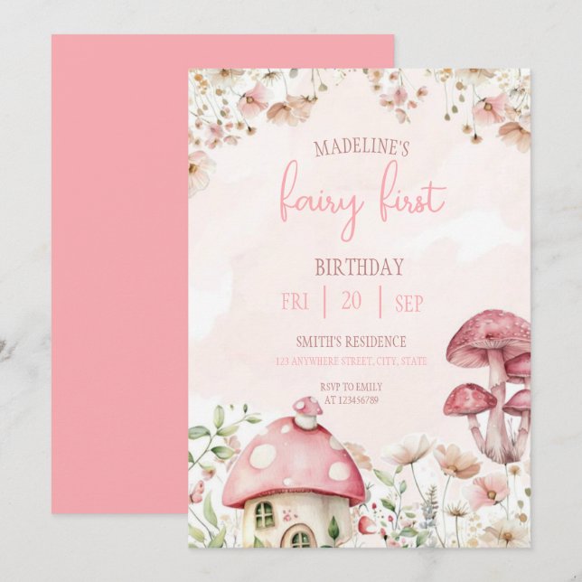 Fairy First Birthday Forest Watercolor Mushroom  Invitation (Front/Back)
