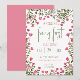 Fairy First  Birthday Forest Watercolor Mushroom  Invitation