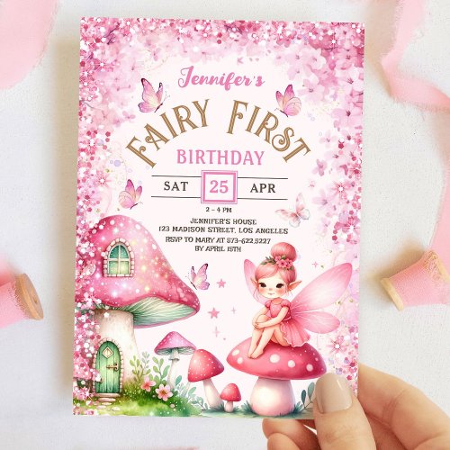 Fairy First Birthday Girl 1st Fairy Forest Pink Invitation
