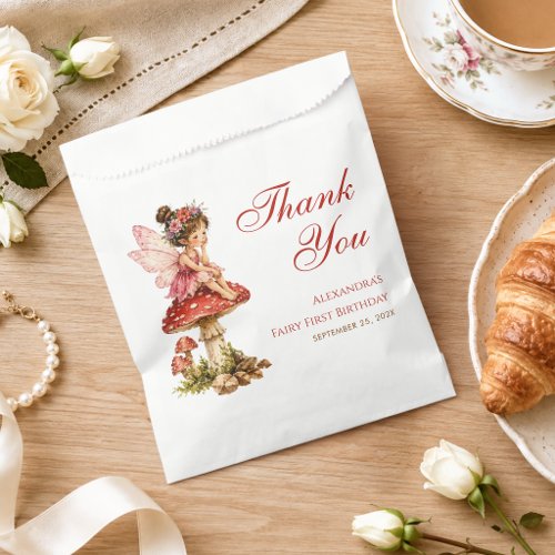 Fairy First Birthday Girl Thank You Red Mushroom Favor Bag