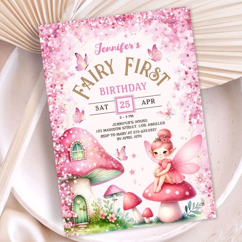 Fairy First Birthday Girls Pink Enchanted Forest  Invitation